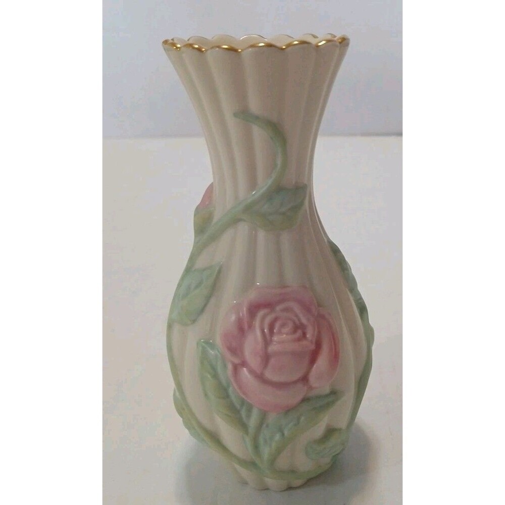 Lenox Ivory 5.5" Ribbed Bud Vase With Embossed Raised Pink Roses w/Gold Rim